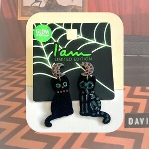 🏷️🎉LE🎉 halloween black felt cat moon earrings with rhinestones & jewels